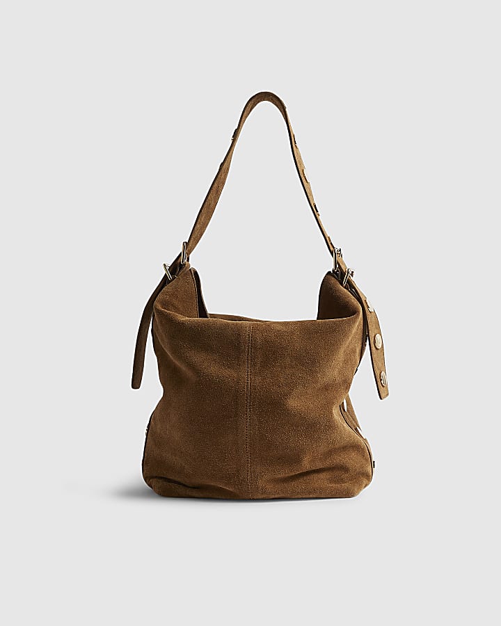 River Island Brown Studded Suede Slouch Shoulder Bag