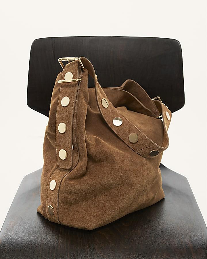river island Brown Studded Suede Slouch Shoulder Bag