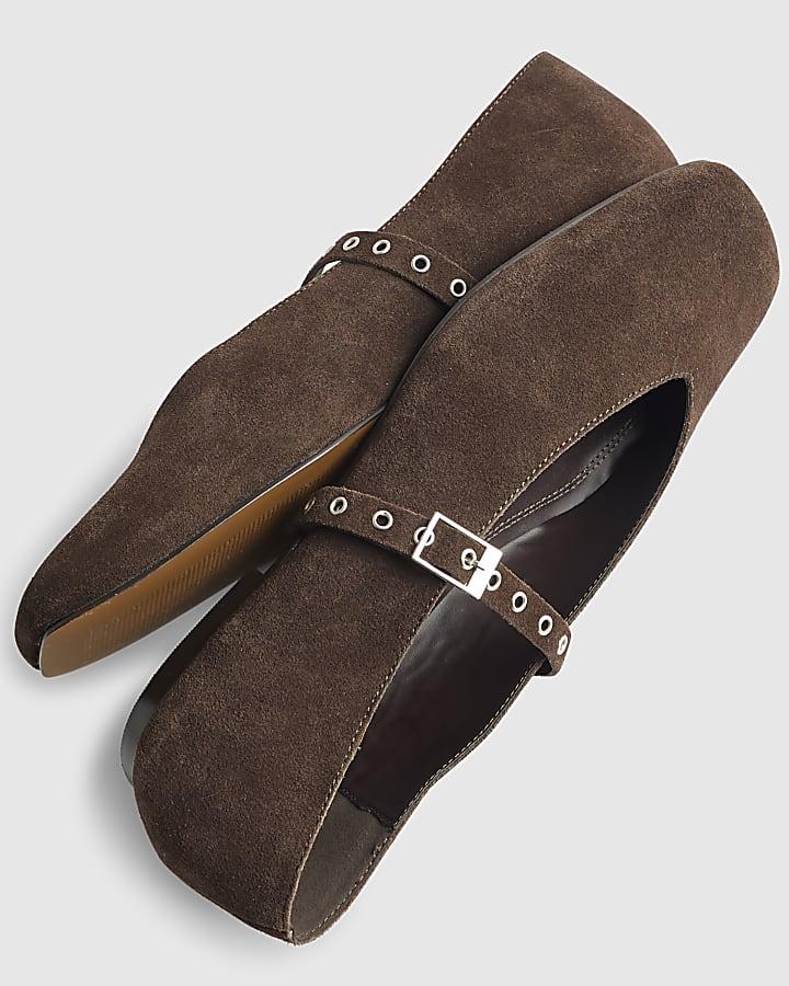 river island Brown Suede Eyelet Square Toe Ballet Pumps