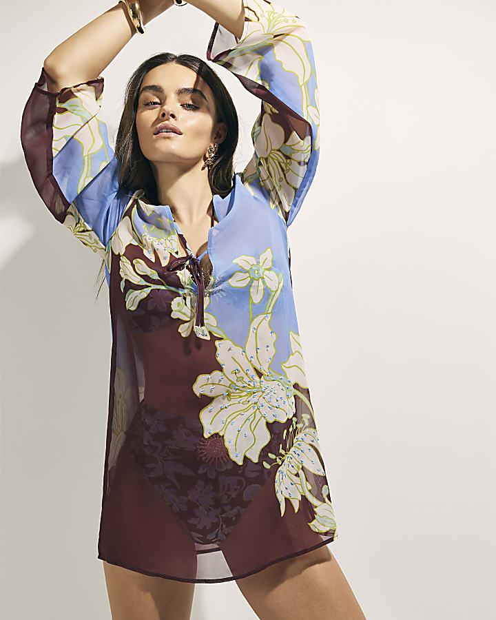 River Island Brown Tropical Border Print Beach Tunic