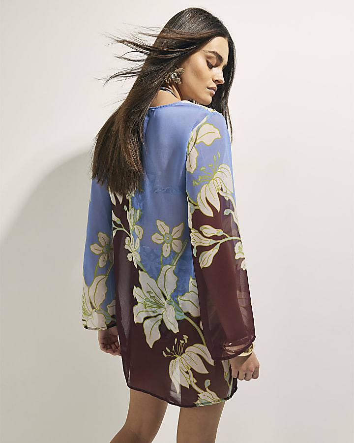 river island Brown Tropical Border Print Beach Tunic
