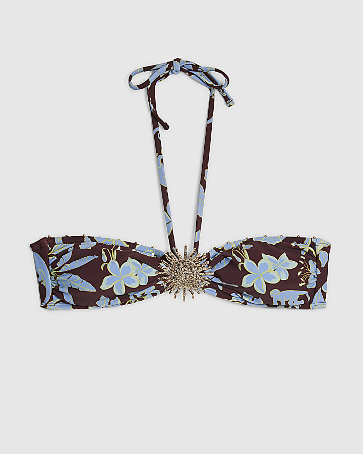 river island Brown Tropical Print Halter Bandeau Bikini