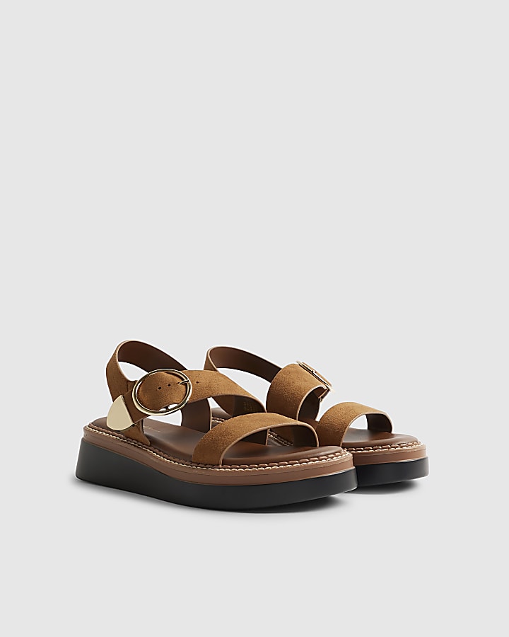 River Island Brown Two Part Ring Buckle Flatform Sandals