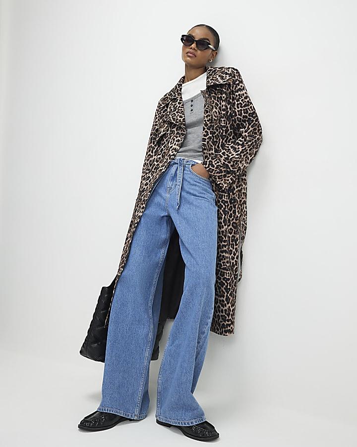 River Island Brown Waterfall Leopard Long Duster Coat