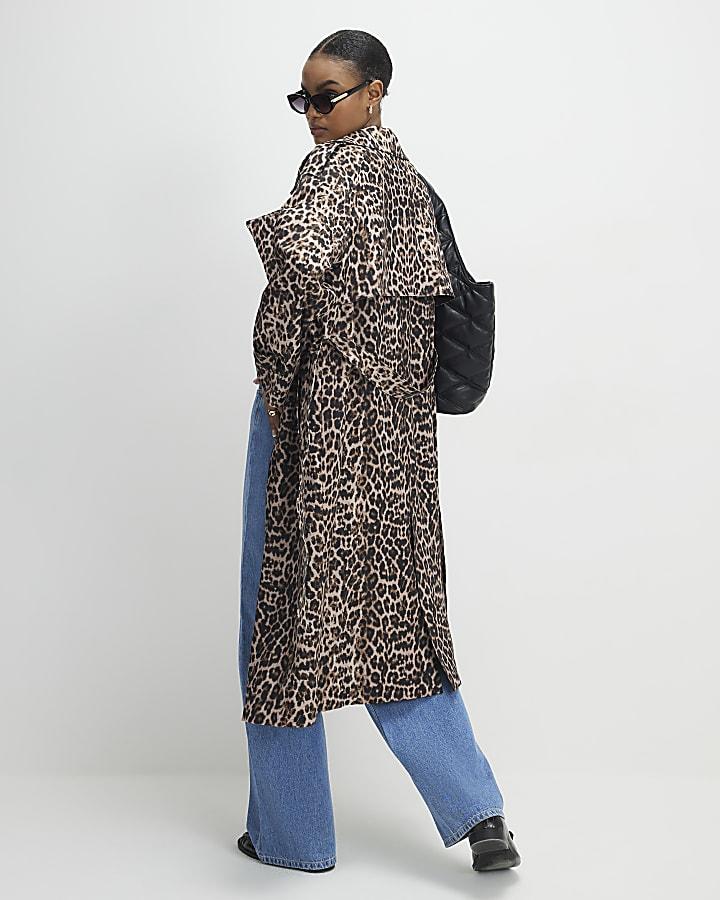 River Island Brown Waterfall Leopard Long Duster Coat
