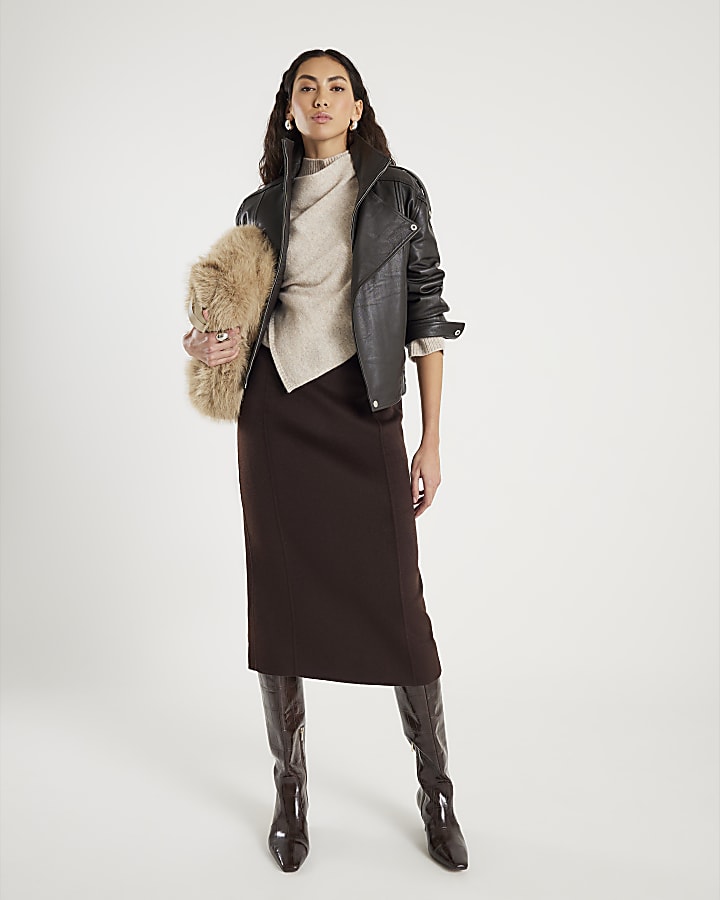 River Island Brown Wool Blend Handmade Pencil Midi Skirt