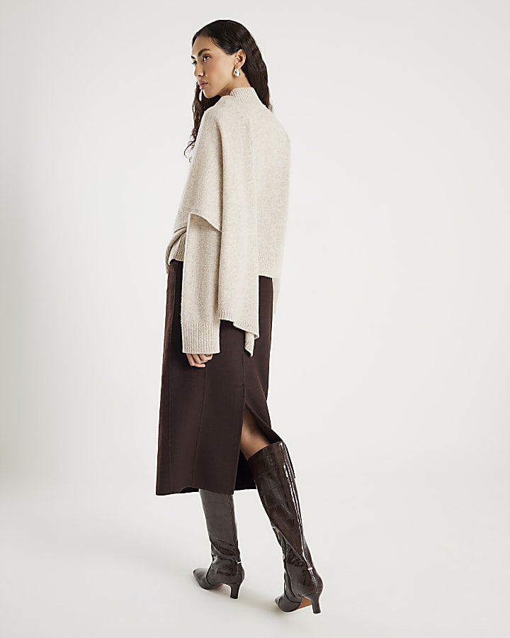 River Island Brown Wool Blend Handmade Pencil Midi Skirt