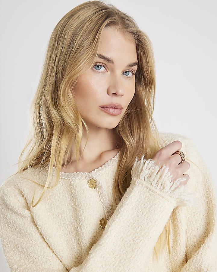 River Island Cream Boucle Long Sleeve Fringed Cardigan