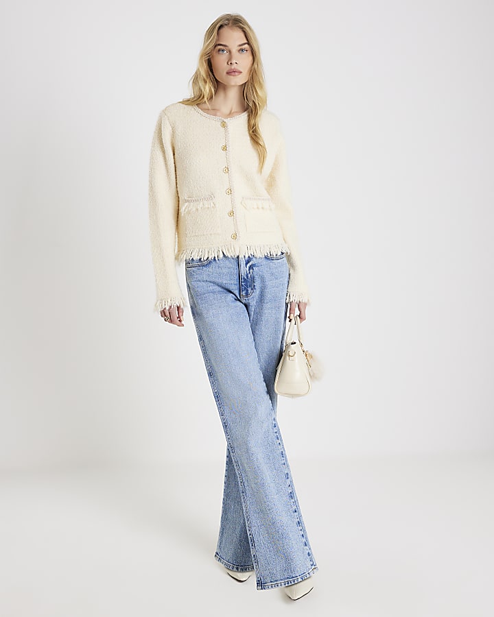 River Island Cream Boucle Long Sleeve Fringed Cardigan