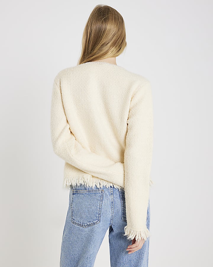 River Island Cream Boucle Long Sleeve Fringed Cardigan
