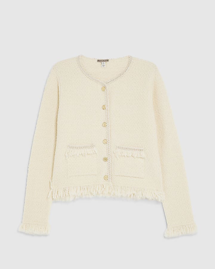 river island Cream Boucle Long Sleeve Fringed Cardigan