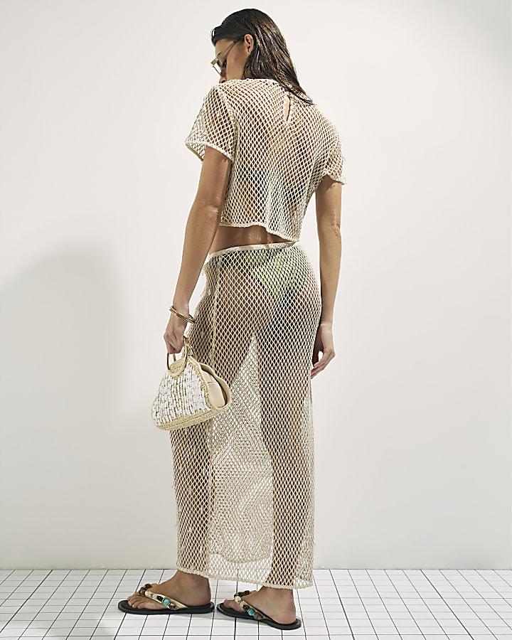 River Island Cream Crochet Embellished Midi Beach Skirt