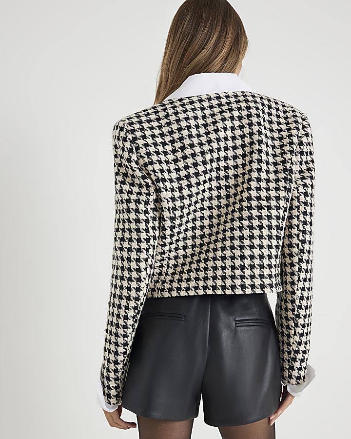 River Island Cream Crop Dogtooth Boucle Hybrid Blazer