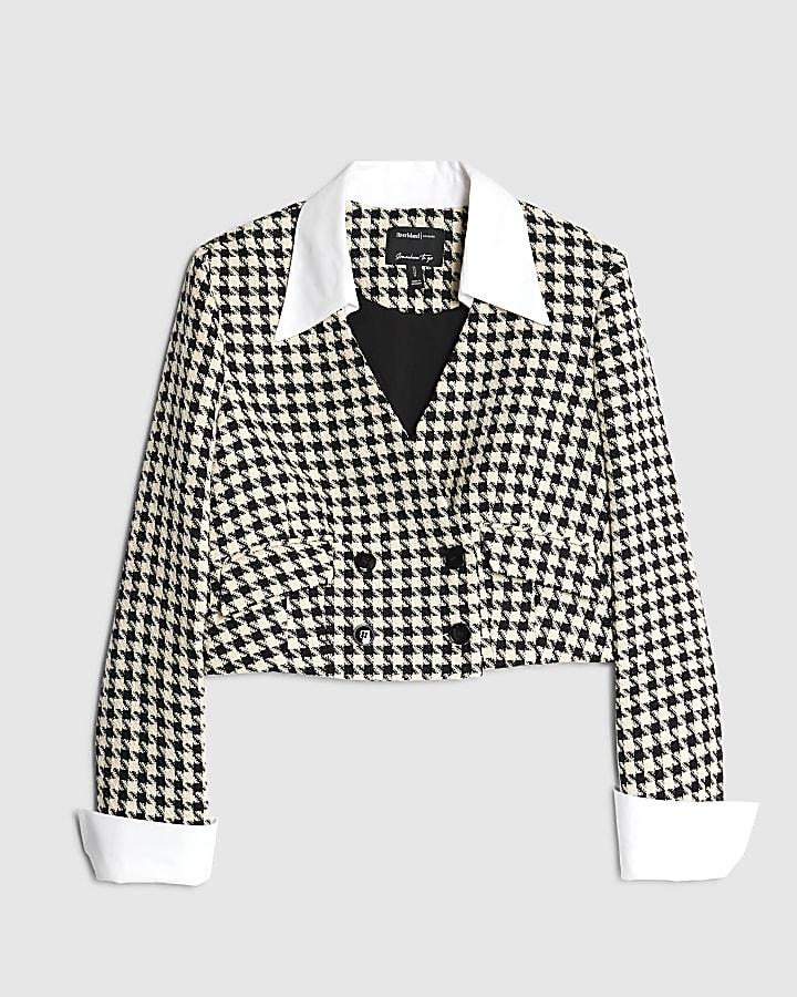 river island Cream Crop Dogtooth Boucle Hybrid Blazer