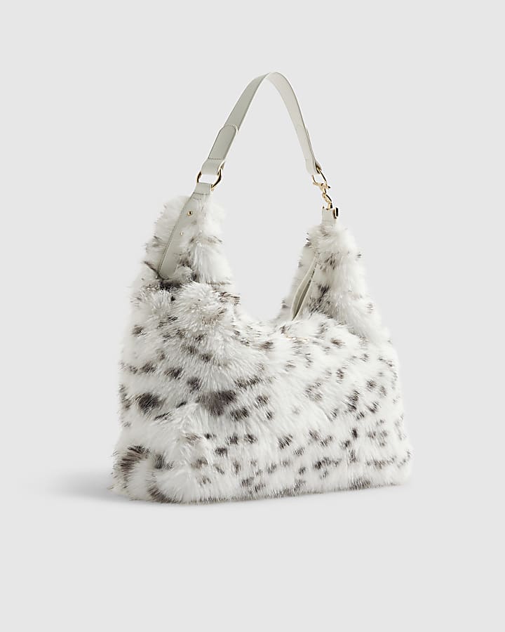 River Island Cream Dalmatian Faux Fur Snaffle Slouch Bag