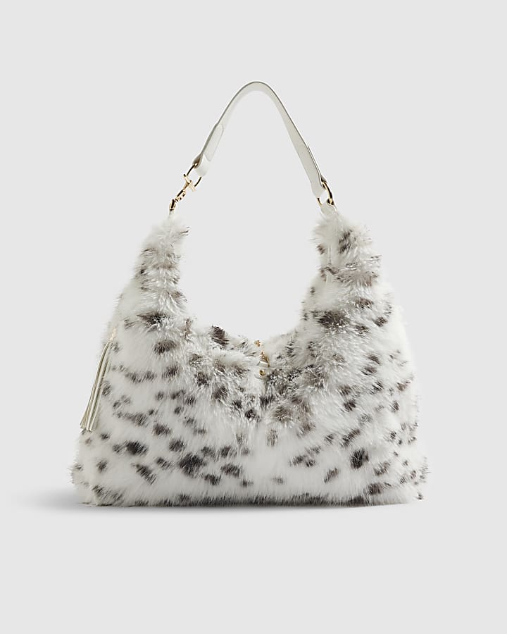 River Island Cream Dalmatian Faux Fur Snaffle Slouch Bag