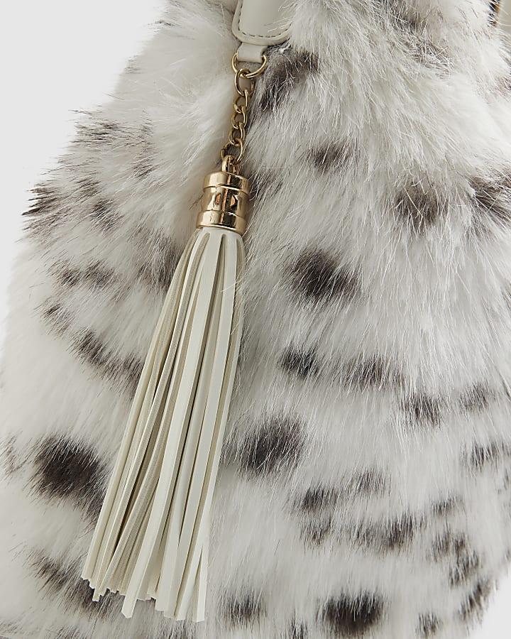 river island Cream Dalmatian Faux Fur Snaffle Slouch Bag