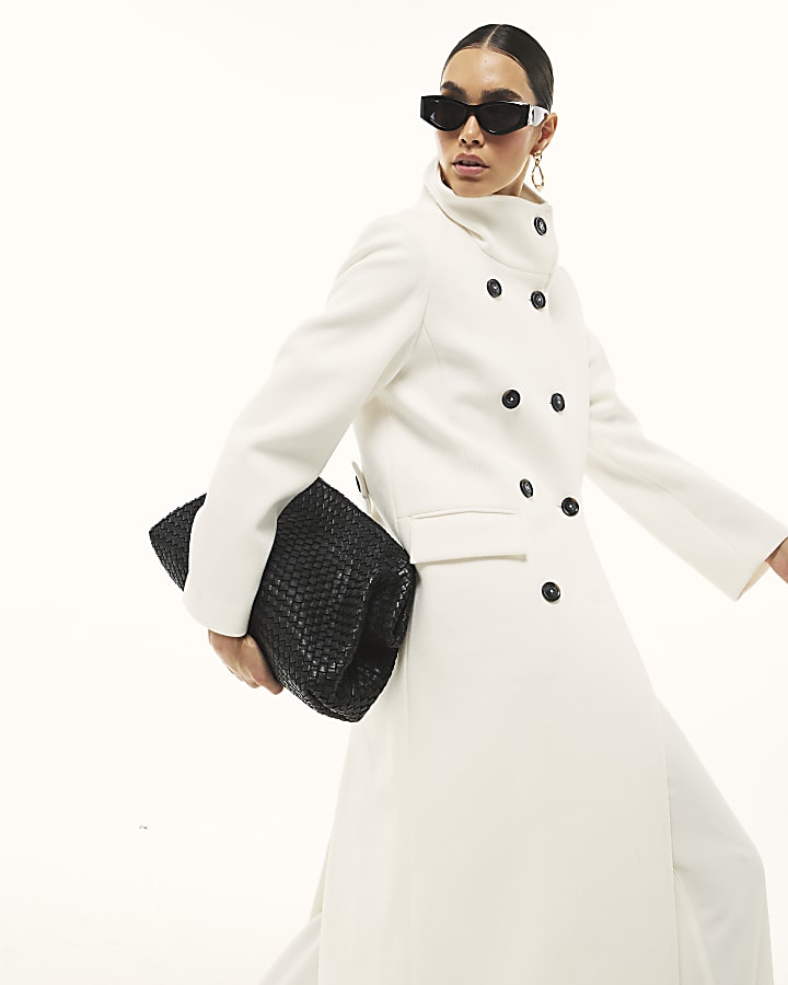River Island Cream Double Breasted Funnel Neck Coat