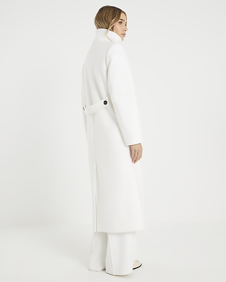 River Island Cream Double Breasted Funnel Neck Coat