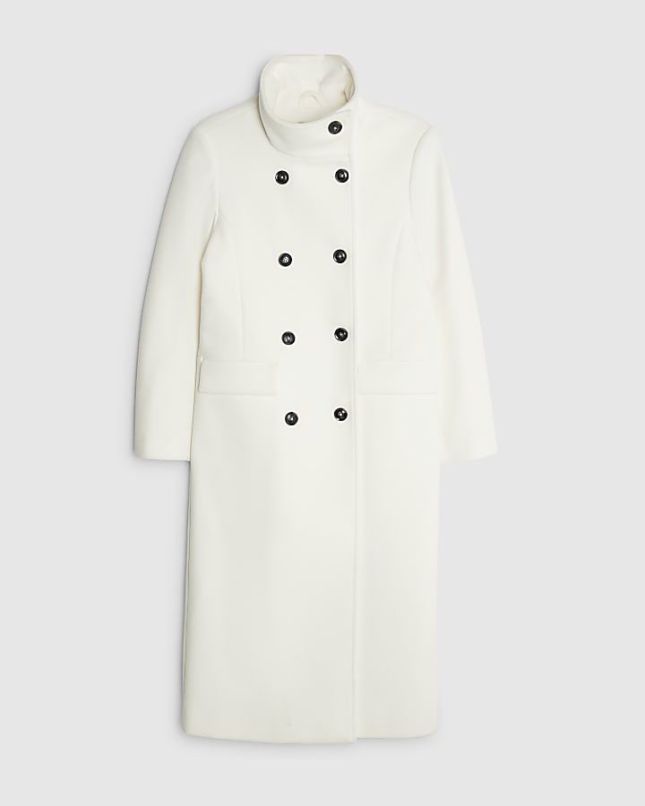 river island Cream Double Breasted Funnel Neck Coat