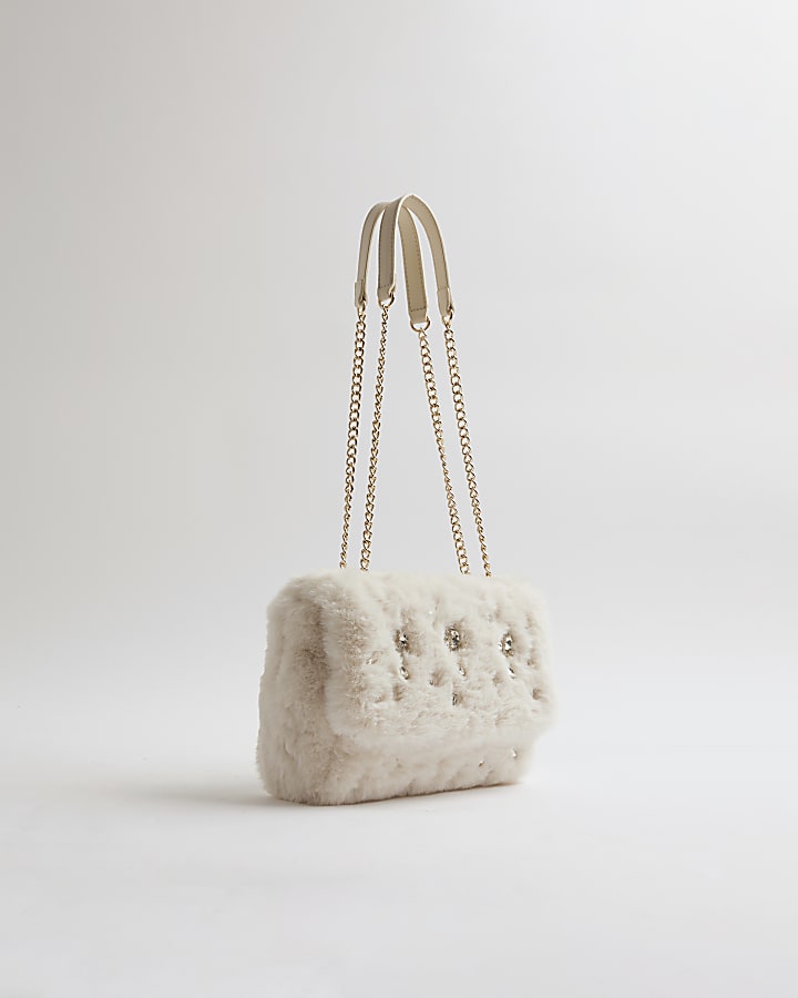 River Island Cream Faux Fur Embellished Shoulder Bag