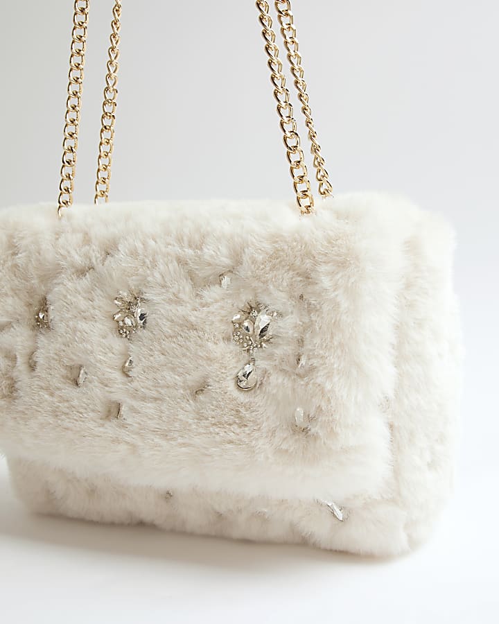River Island Cream Faux Fur Embellished Shoulder Bag