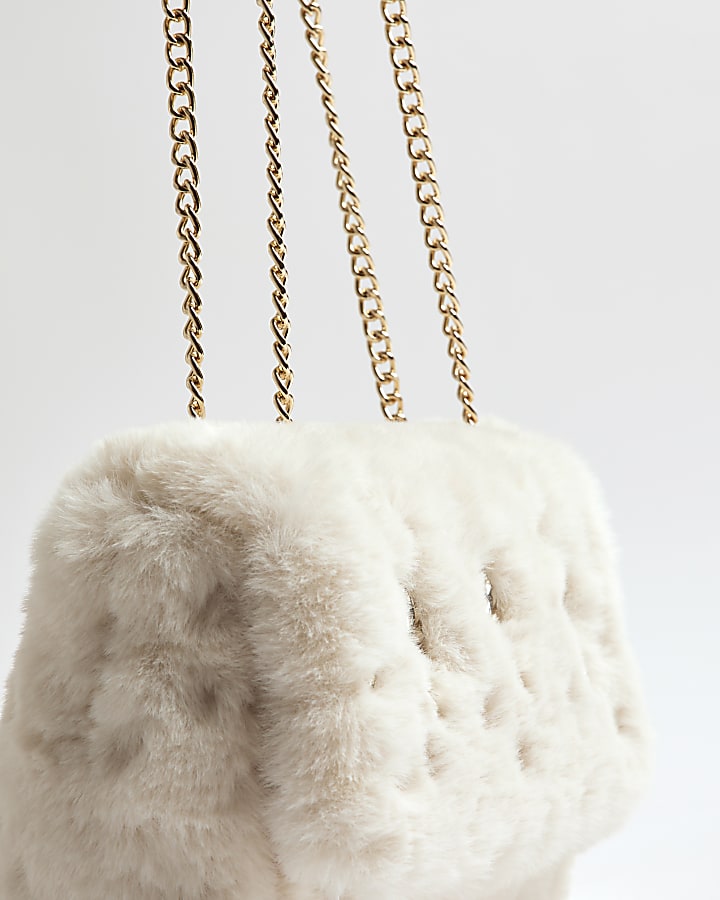 river island Cream Faux Fur Embellished Shoulder Bag