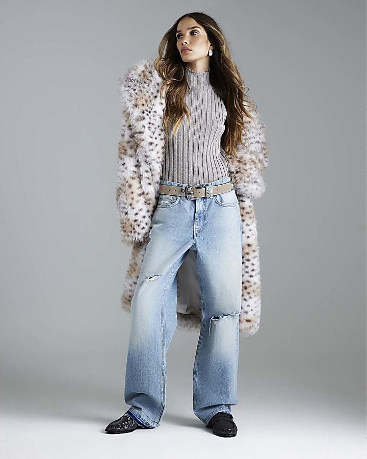 River Island Cream Faux Fur Leopard Print Longline Coat