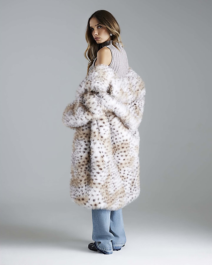River Island Cream Faux Fur Leopard Print Longline Coat