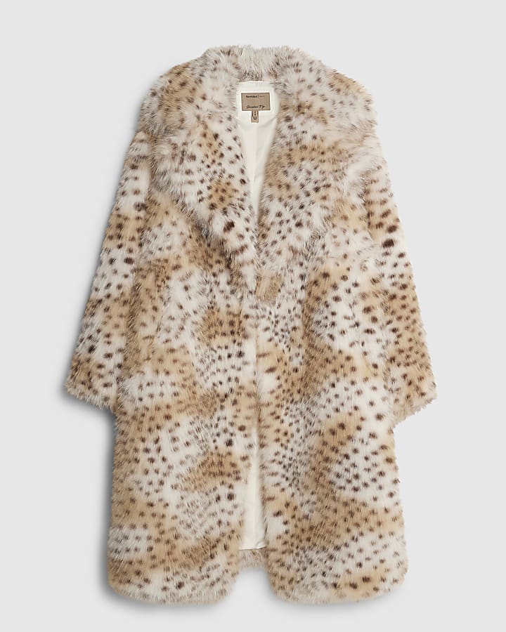 river island Cream Faux Fur Leopard Print Longline Coat