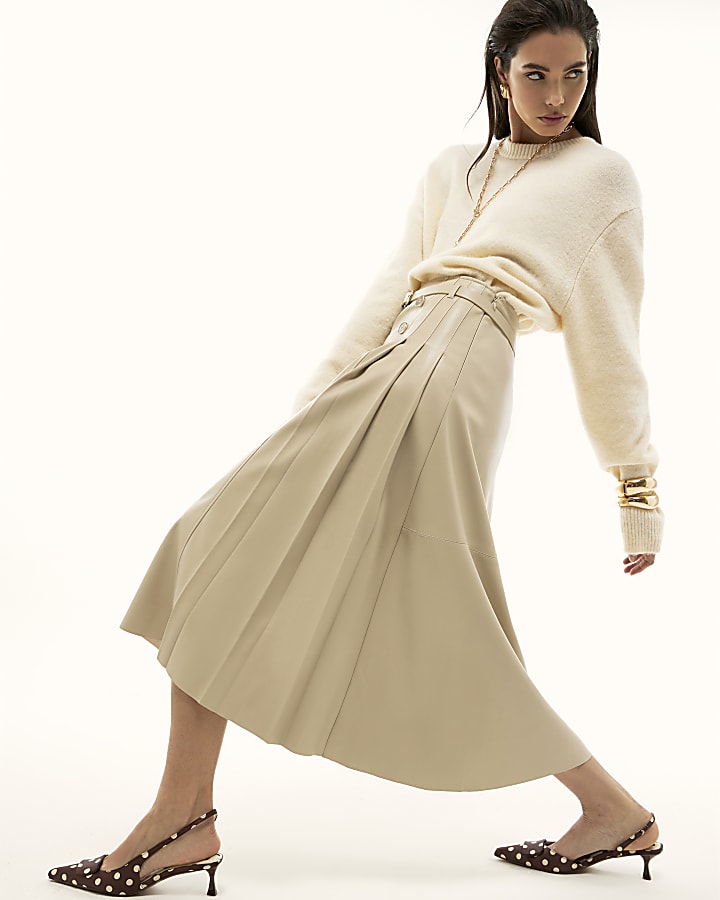 River Island Cream Faux Leather Belted Pleated Midi Skirt