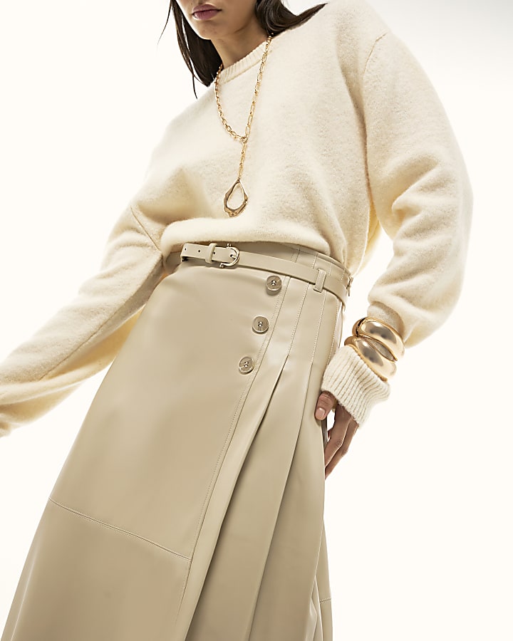 River Island Cream Faux Leather Belted Pleated Midi Skirt