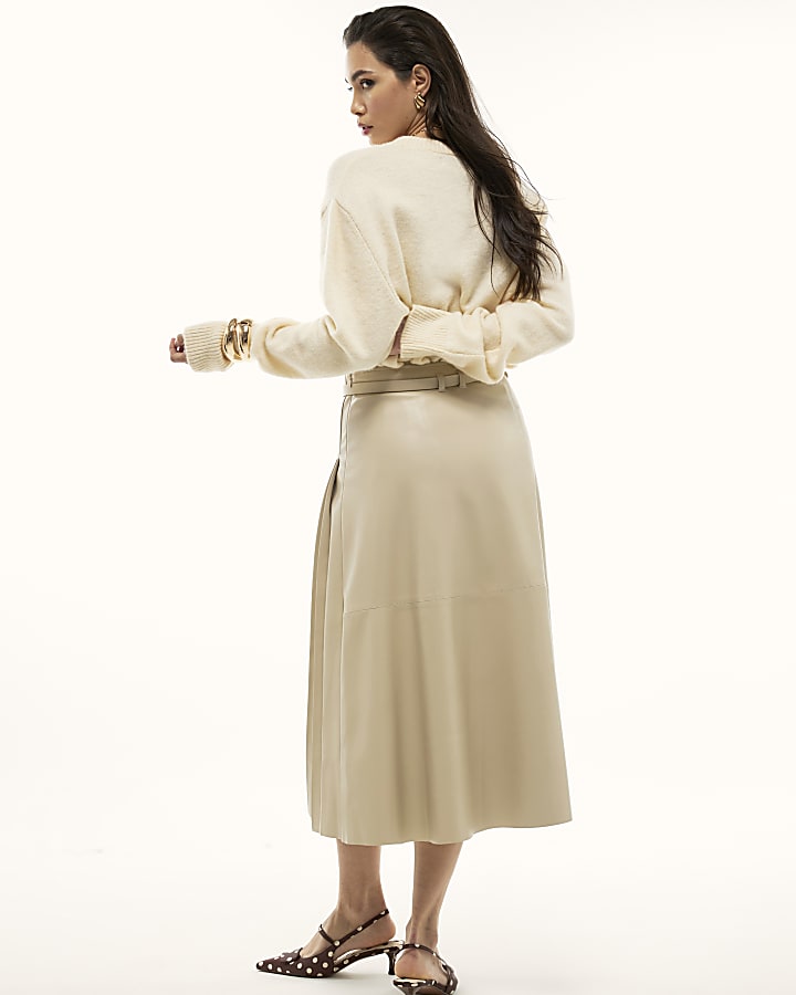 River Island Cream Faux Leather Belted Pleated Midi Skirt