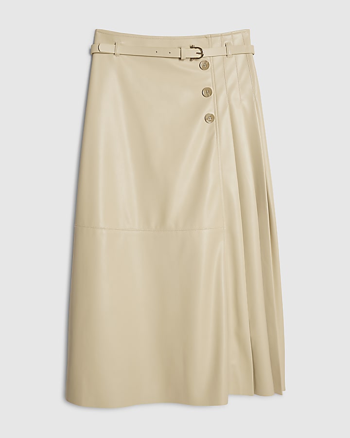 river island Cream Faux Leather Belted Pleated Midi Skirt