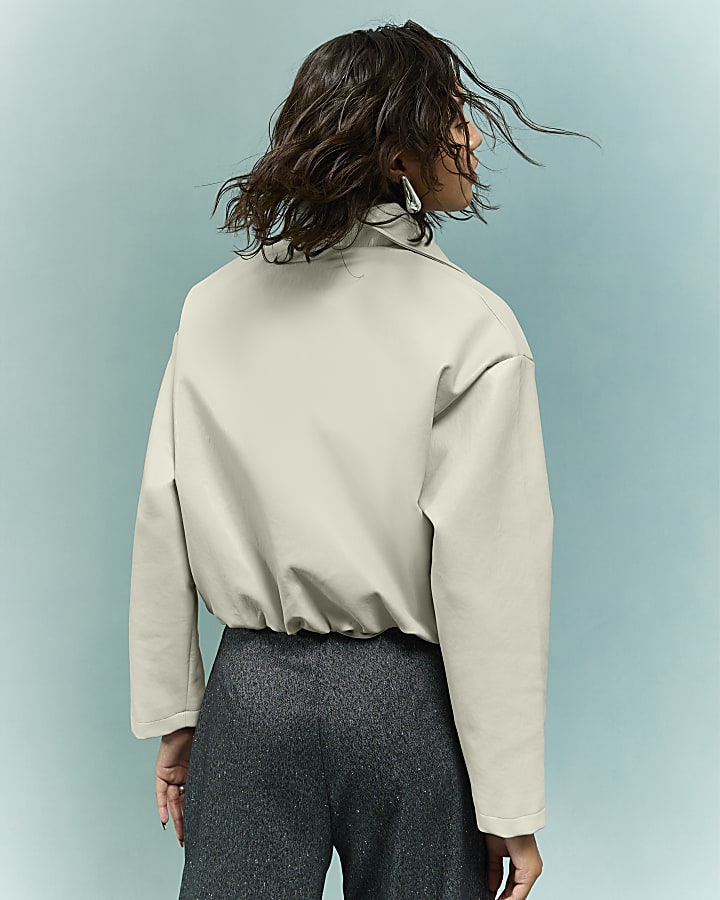 River Island Cream Faux Leather Bubble Hem Bomber Jacket