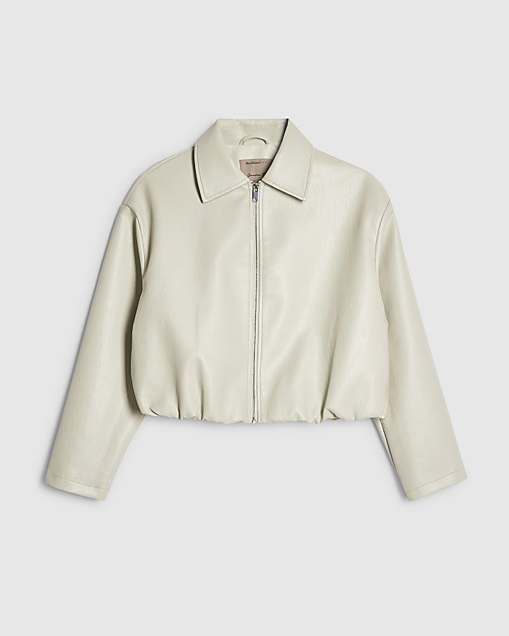 river island Cream Faux Leather Bubble Hem Bomber Jacket