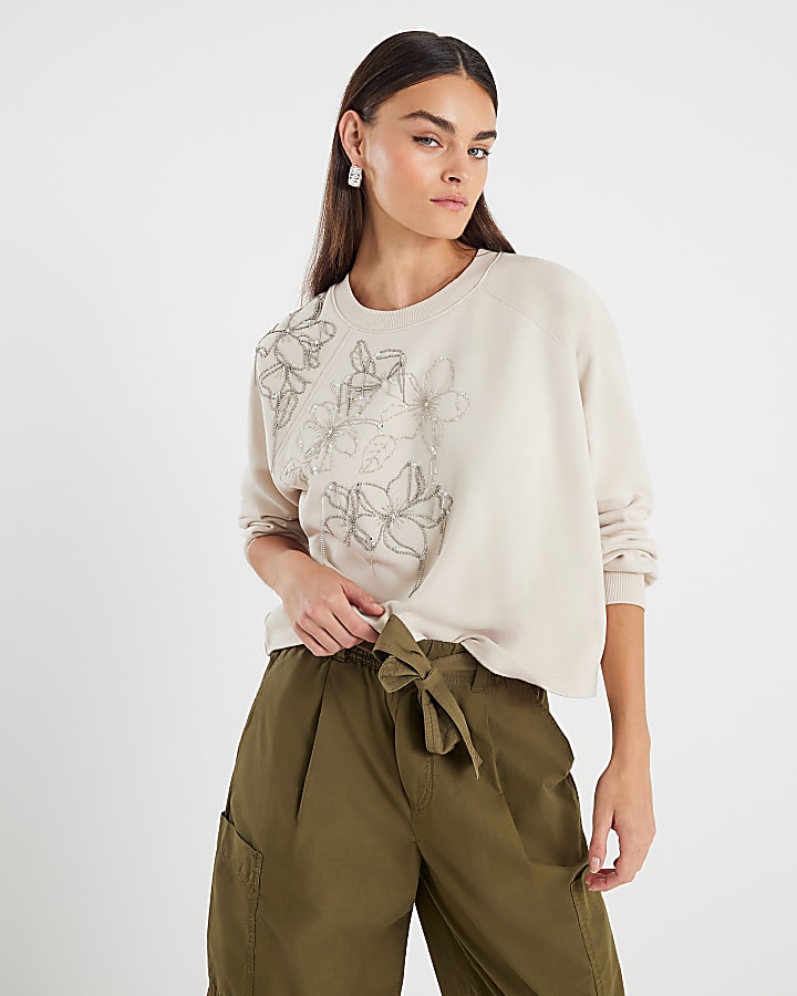 River Island Cream Flower Diamante Embellished Sweatshirt