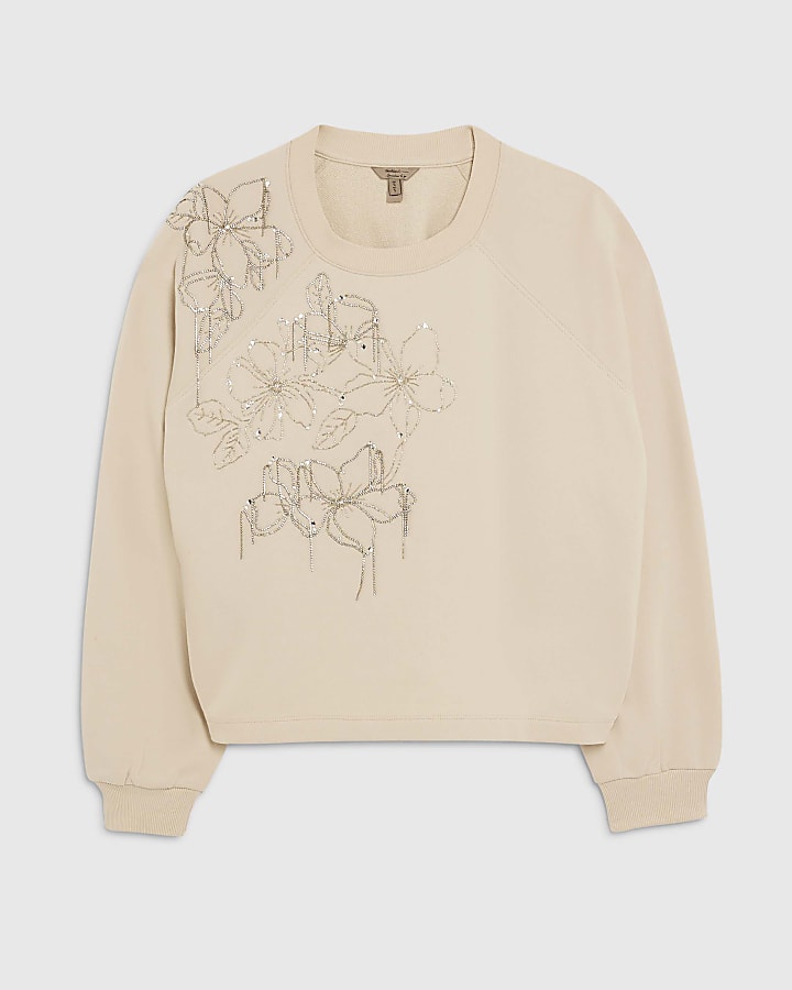 river island Cream Flower Diamante Embellished Sweatshirt