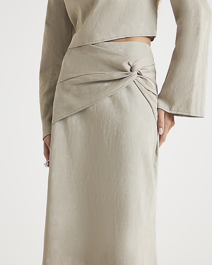 River Island Cream Hammered Faux Leather Midi Skirt