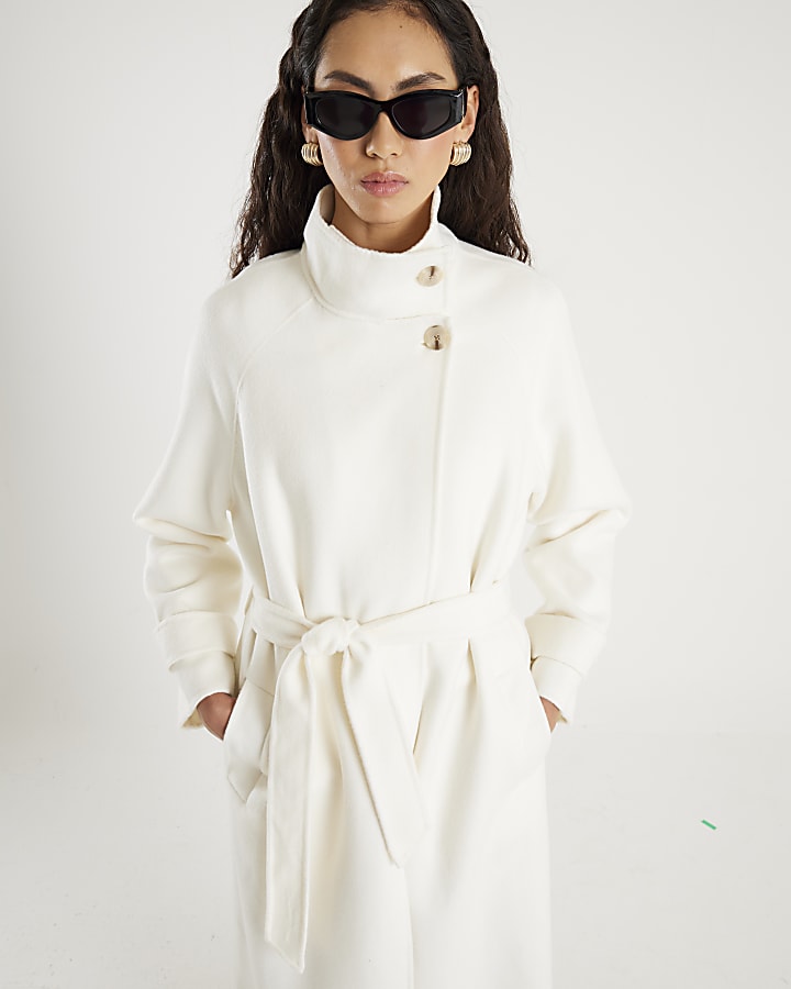 River Island Cream Handmade Wool Blend Funnel Neck Coat