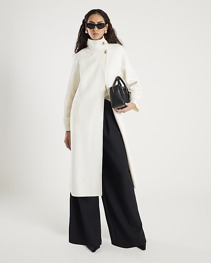 River Island Cream Handmade Wool Blend Funnel Neck Coat