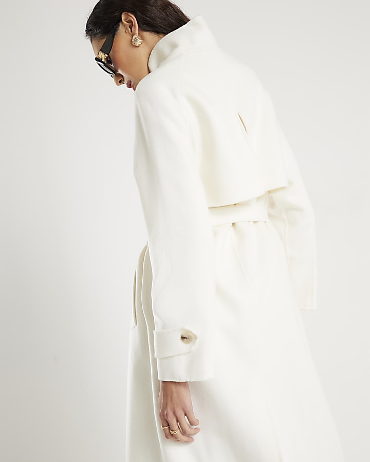 River Island Cream Handmade Wool Blend Funnel Neck Coat