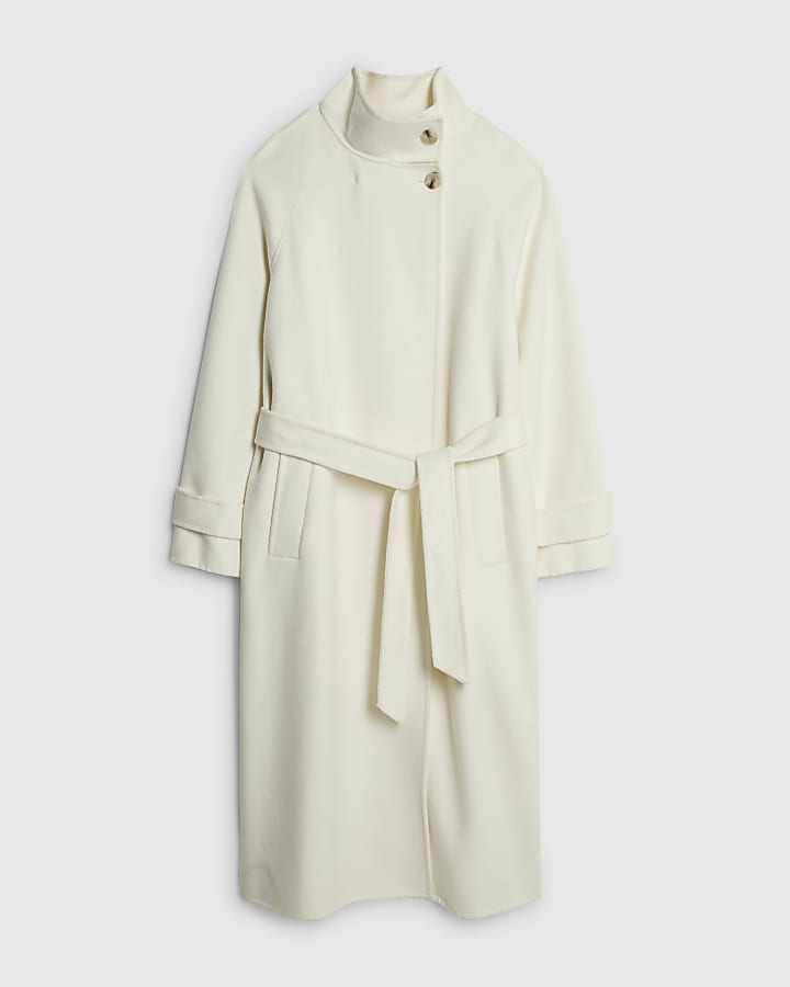 river island Cream Handmade wool blend Funnel Neck Coat