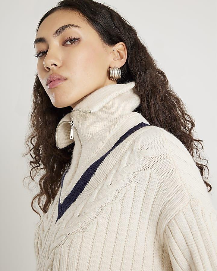River Island Cream Knitted Stripe Detail Zip Up Jumper