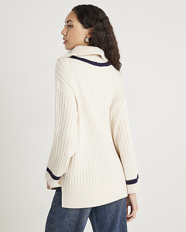 River Island Cream Knitted Stripe Detail Zip Up Jumper