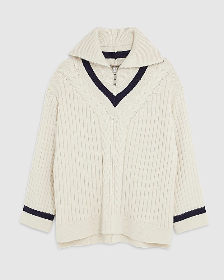 river island Cream Knitted Stripe detail zip Up Jumper