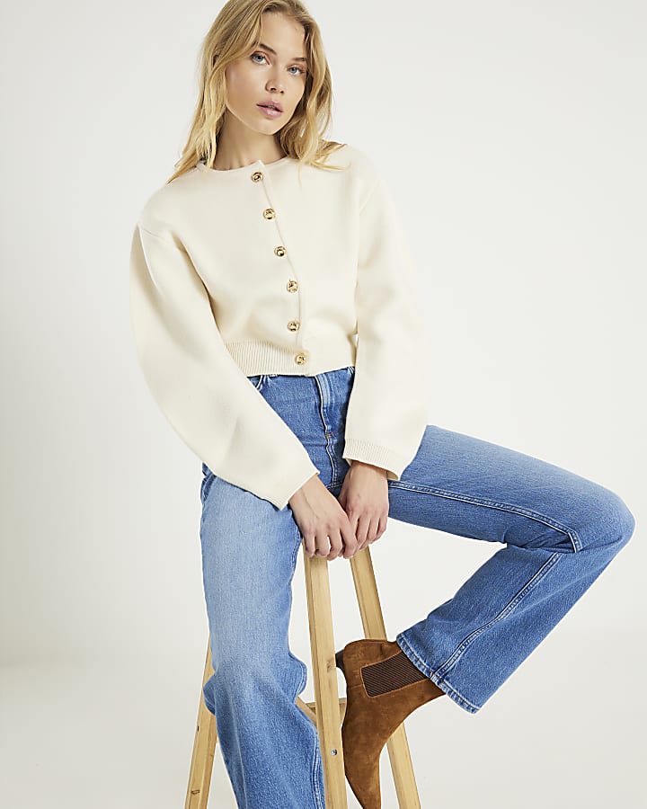 River Island Cream Knitted Structured Sleeve Cardigan