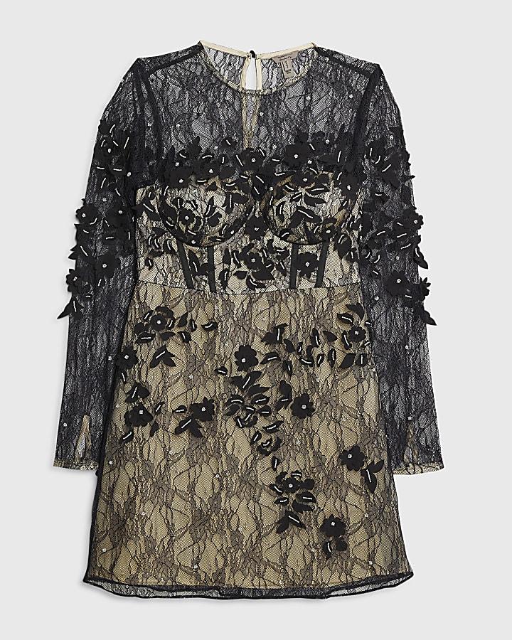 river island Cream Lace Long Sleeve Embellished Mini Dress