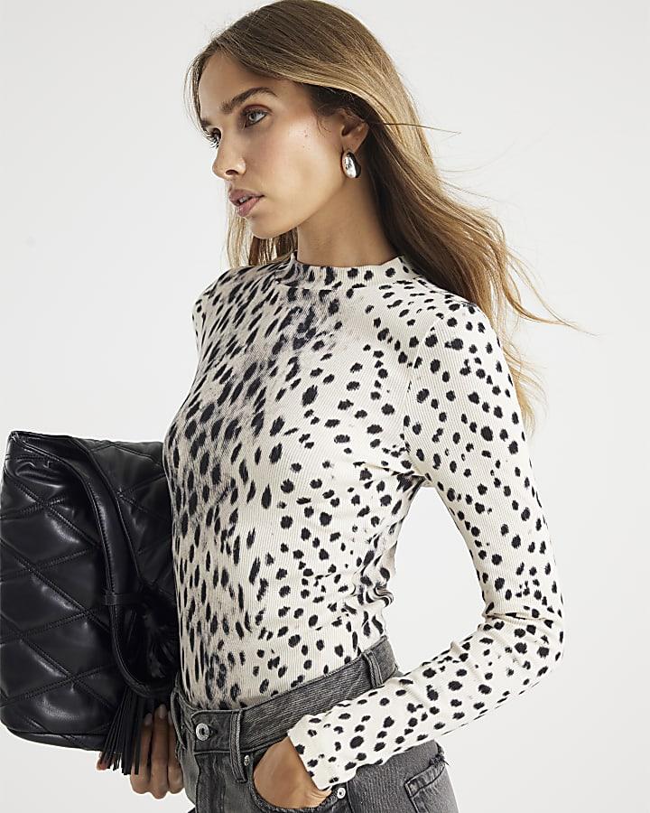River Island Cream Leopard Print Long Sleeve Ribbed Top