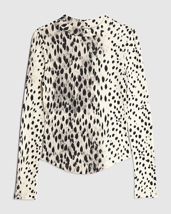 river island Cream leopard Print Long Sleeve Ribbed Top